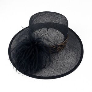 Tuscany Elegant Black Mesh Wide Brim Feather Fascinator Hat